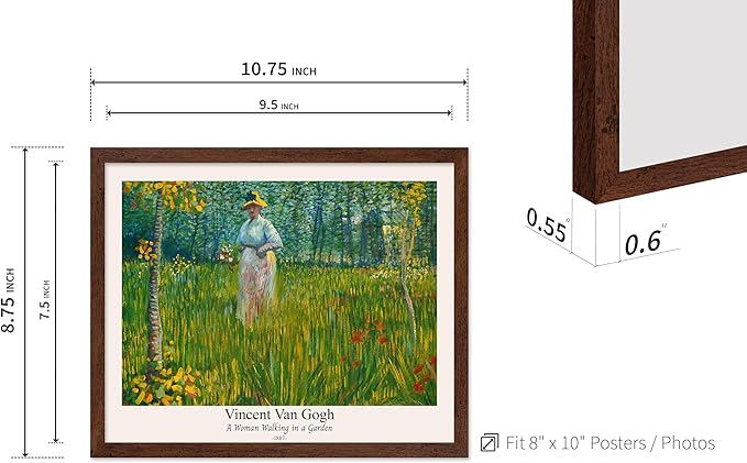 Monem Art Vintage Van Gogh Poster - Retro A Woman Walking In A Garden Print - Impressionism Art - Fine Art - Classic Painting Art - Floral Art - Bedroom or Office Decor - 8x10 Brown Framed