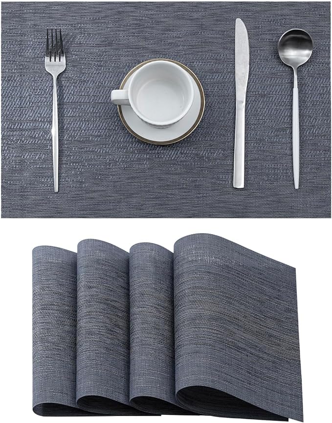Leetaltree Denim Blue Placemats Set of 4 - Heat Resistant Non-Slip Place mats for Dining Table, Washable Durable PVC Vinyl Woven Table Mats（Denim Blue, 4）