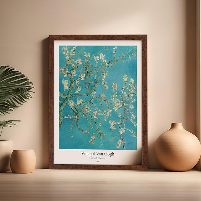 Monem Art Vintage Van Gogh Poster - Retro Almond Blossoms Print - Impressionism Art - Fine Art - Classic Painting Art - Flower Art - Floral Bedroom or Office Wall Decor - 16x20 Brown Framed