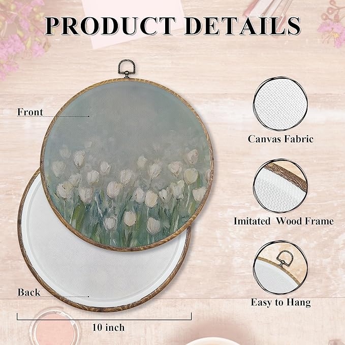 FUGWN Vintage Tulip Floral Round Wall Art Decor Framed, Retro Cottagecore White Tulip Flower Botanical Canvas Artwork Prints, Floral Wall Hanging Decorations for Home Bedroom Living Room, 10x10 Inch