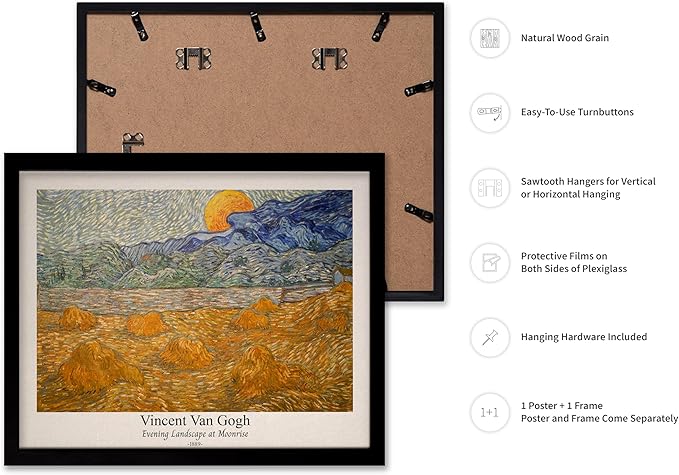 Monem Art Vintage Van Gogh Poster - Retro Evening Landscape at Moonrise Print - Impressionism Art - Fine Art - Classic Painting Art - Aesthetic Living Room Wall Decor - 16x20 Black Framed