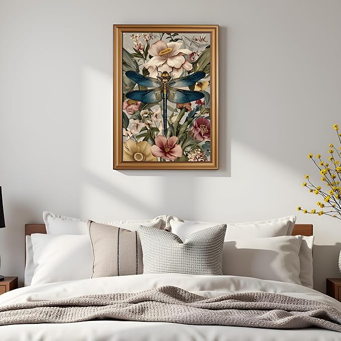 okudolit Gold Framed Dragonfly Canvas Wall Art Print Blue Insect Botanical Floral Painting Vintage Flower Picture Artwork Rustic Retro Nature Decor for Living Room Bedroom Office Home Decor 16x24in