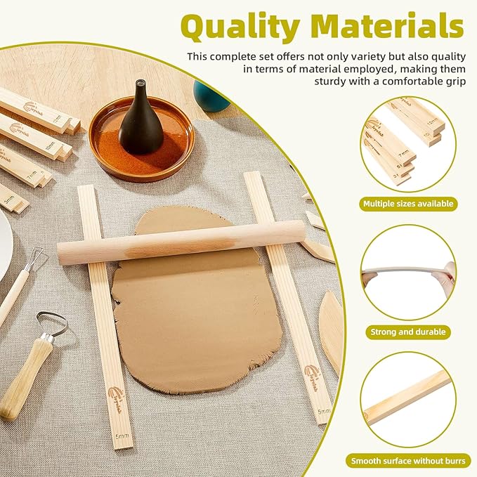 10PCS Pottery Tools, LEYCLUB Clay Rolling Pin Set with 5 Size Mud Stick Guide for Precise Clay Thickness, for Hobbyists, Potters (L- 15.7 inch / 40 cm)