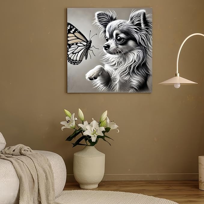 GXGLLPZBY Diamond Art Kits for Beginners,Cute Dog and Butterfly Diamond Painting Kits for Adult, 5D DIY Full Drill Paint by Diamonds Dot Gem Art Painting Kits,for Home Wall Decor 13.8X13.8inch