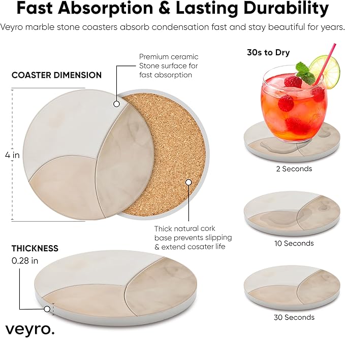 VEYRO Ceramic Coasters Set of 4 – Absorbent Stone Drink Coasters with Holder, Non-Slip Cork Backing, Modern Marble Look Coasters for Coffee Table, Desk & Home Decor