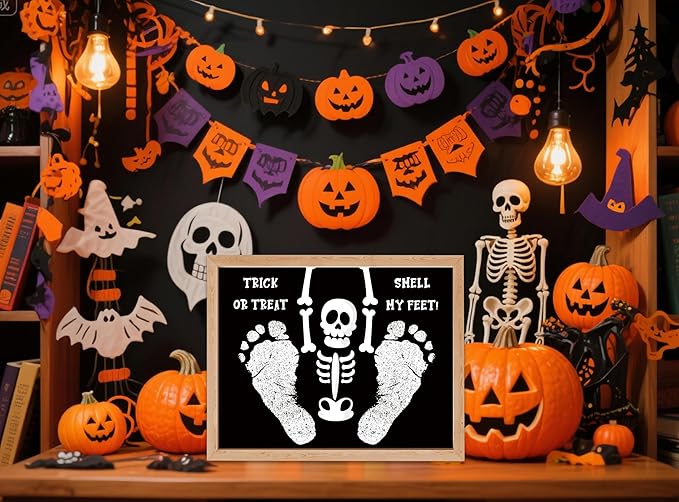 Footprint Art Craft Kit for My First Halloween, 10 Bulk 8.5x11 Inch DIY Card Making Supplies for Baby Shower Activities, Trick or Treat Smell My Feet Halloween Skeleton Party Decorations