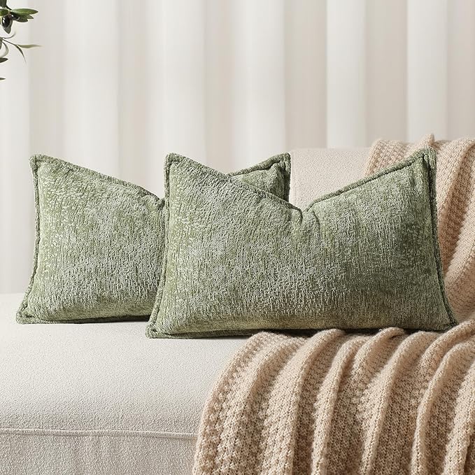Pack of 2 Sage Green Christmas Decorative Throw Pillow Covers 12x20 Cozy Soft Chenille Accent Vintage Rectangular Lumbar Couch Pillow Covers for Home Decor Bed Sofa Living Room
