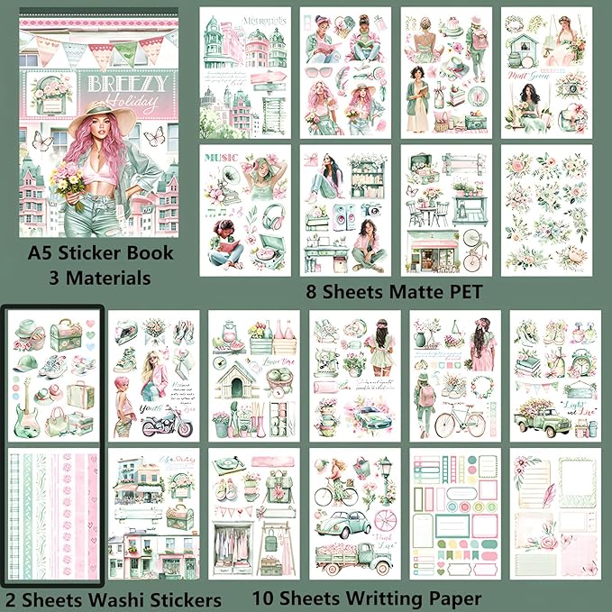 YagCu Journaling Stickers, Breezy Holiday Scrapbook Sticker Book, Junk Journal Supplies, Pre-Cut Aesthetic Scrapbooking for Adults, Decorative Ephemera Bullet Planner Arts Craft Collage
