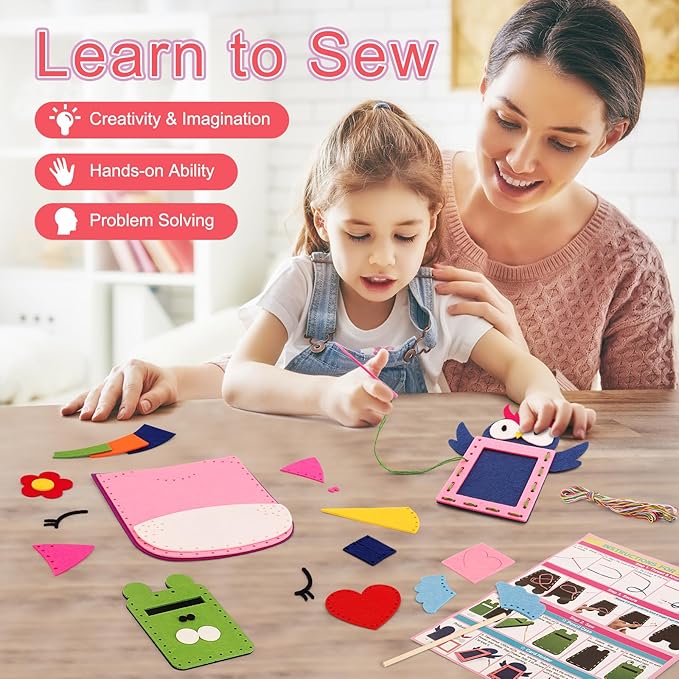 Easy Arts and Crafts for Kids - My First Sewing Kit for Kids Beginner, 5 DIY Projects for Girls Boys Age 4,5,6,7,8 with animal Dolls and Plush Pillow Craft, Learn to Sew, Embroidery, Valentines Gifts