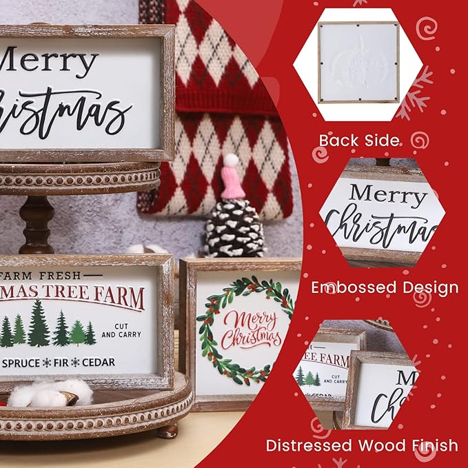 Christmas Tiered Tray Decor, Merry Christmas Block Sign Embossed Metal With Wood Frame, Rustic Farmhouse Winter Decoration for Shelf, Mantel, Home Decor