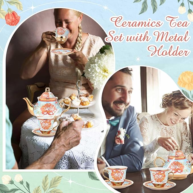 Zhehao 20 Pcs Porcelain Tea Set with Metal Holder and Spoon Adult Ceramic Tea Set European Flower Painting Teapot Cup Saucer Spoon for Women, Large Version(Retro Style)
