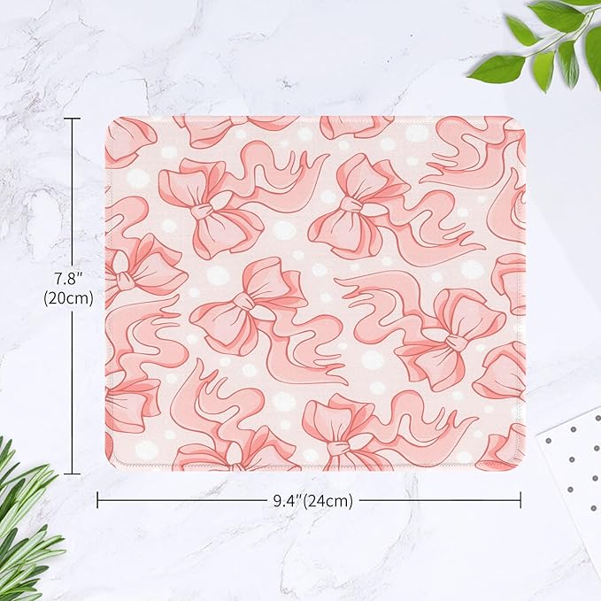 Seorsok Square Abstract Art Pink Bows and White Dots Mouse Mat,Premium Textured Mouse Pads for Office Laptop,Washable Square Mousepads with Extended Stitched Edges Non Slip Rubber Base