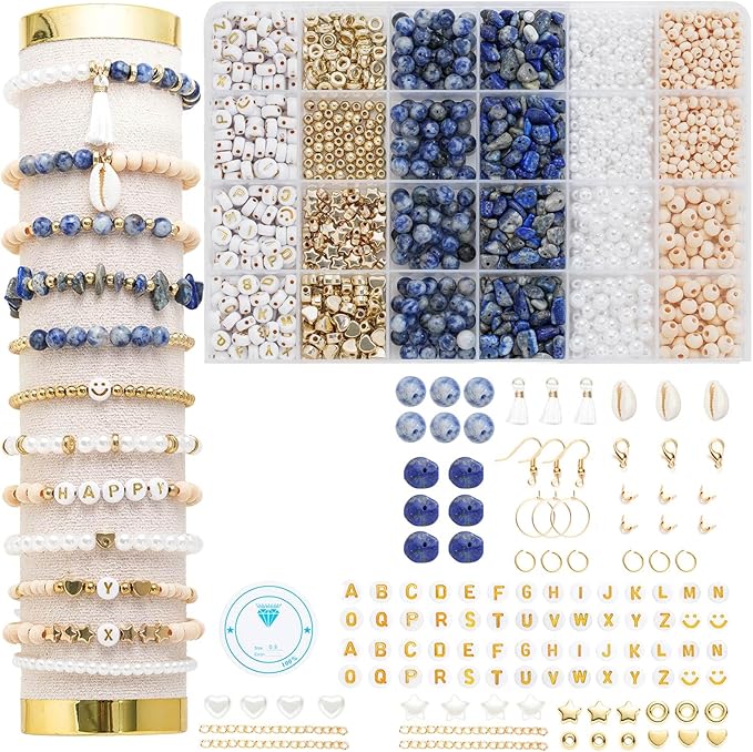 Xylise DIY Jewelry Making Kit, 1000+ Beads with Letters, Turquoise and Pearl Beads, Gold Charms, Bracelet Supplies (Blue dot Color)