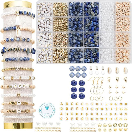 Xylise DIY Jewelry Making Kit, 1000+ Beads with Letters, Turquoise and Pearl Beads, Gold Charms, Bracelet Supplies (Blue dot Color)