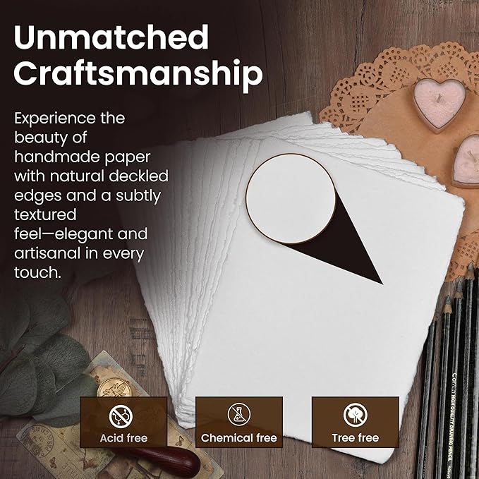 LEATHER VILLAGE Watercolor Paper- 6 X 4 inches - 25 Sheets Watercolor Paper for Drawing, Sketching, Painting & Crafts - 150 GSM Thick Deckle Edge Virgin Cotton Handmade Paper - Off-White
