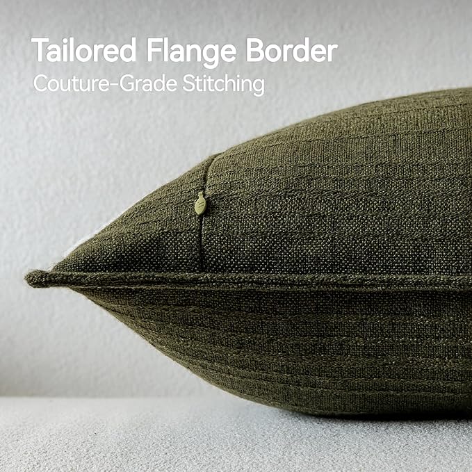 a moment Linen Pillow Covers Set of 2,Boho Farmhouse Throw Pillowcases Neutral Textured Decorative Covers for Couch Sofa,Linen Blend Accent Case Cushion Living Room Home Decor 24"x24"Dark Green