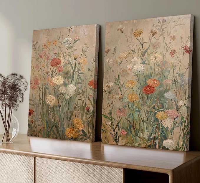 Wildflower Canvas Wall Art Rustic Farmhouse Floral Poster Prints Vintage Botanical Flower Picture Painting Artwork Wall Decor for Living Room Bedroom Office 16x24in Framed