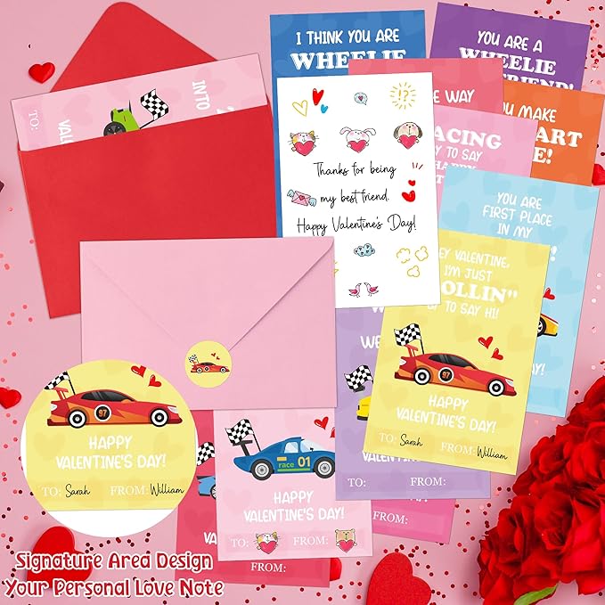 TICIAGA 72pcs Valentine’s Day Racing Car Greeting Cards with Envelop and Sticker for Kid, 4 x 6 IN Adorable Race Car Notecard Exchange Gift for Boy Girl School Classroom Supply, Valentines Party Favor