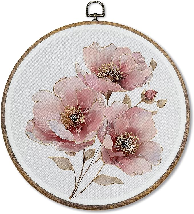 FUGWN Vintage Pink Floral Round Wall Art Decor Framed, Rustic Floral Canvas Artwork Prints, Farmhouse Cottagecore Botanical Flower Wall Hanging Decorations for Home Bedroom Living Room, 10x10 Inch