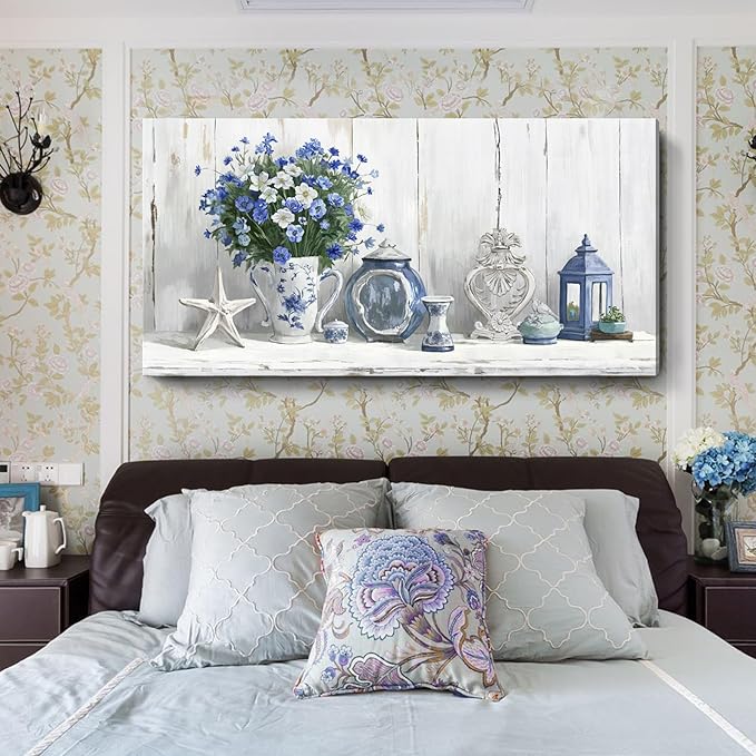 Nicetop Oversized Vintage Wall Art – Rustic Coastal Still Life Floral Canvas Print Country Farmhouse Cottagecore Shabby Chic Style Botanical Artwork Blue Picture for Large Living Room Kitchen 58x29Inch