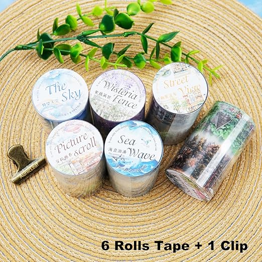 Parallel Scenery PET Tape Set, 6 Rolls Landscape Scrapbook Supplies for Journaling, DIY Crafts, and Planners, Includes Clip