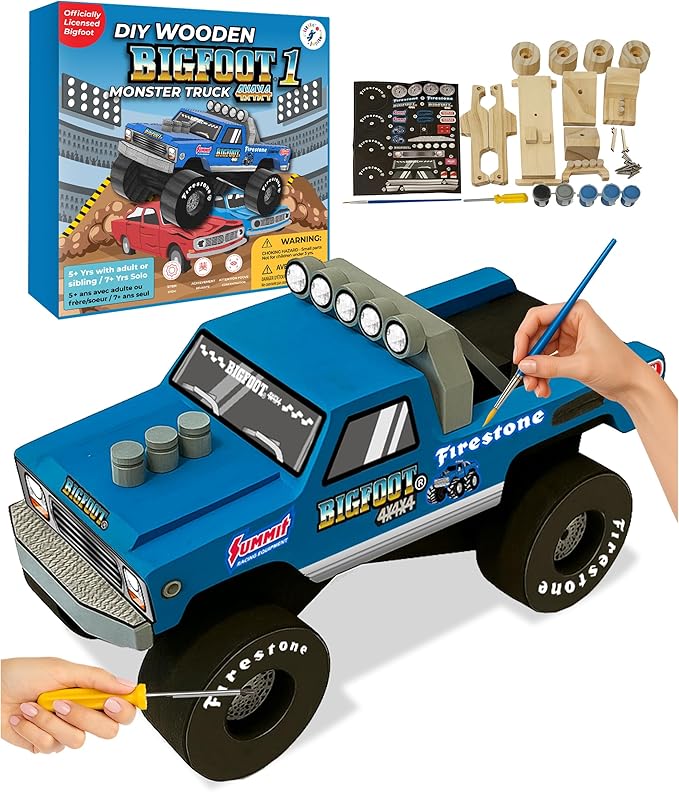 DIY Bigfoot 1 Monster Truck Wooden Kit w/Stickers & Paint (Large 7")- Officially Licensed Kids Building & Painting Kit - Wooden Painting & Building Kits for Kids - Ages 5-8 Years Stem & Paint Toys