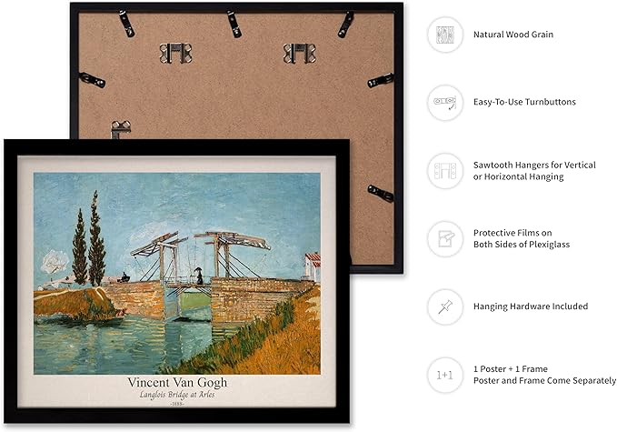 Monem Art Vintage Van Gogh Poster - Retro Langlois Bridge at Arles Print - Impressionism Art - Landscape Art - Fine Art - Classic Painting Art - Bedroom or Office Decor - 11x14 Black Framed