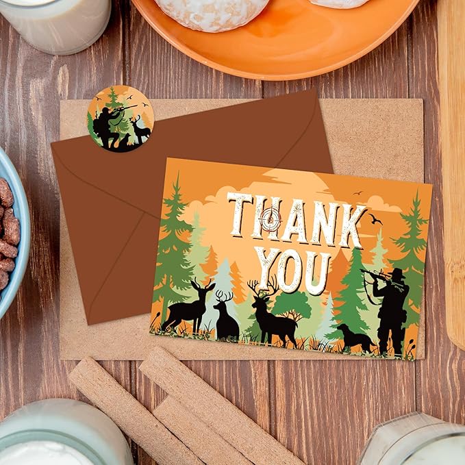 Whaline 24 Pack Hunting Camo Thank You Cards Greeting Cards with Envelopes Stickers Camouflage Camping Deer Blank Note Card for Birthday Baby Shower Party Supplies