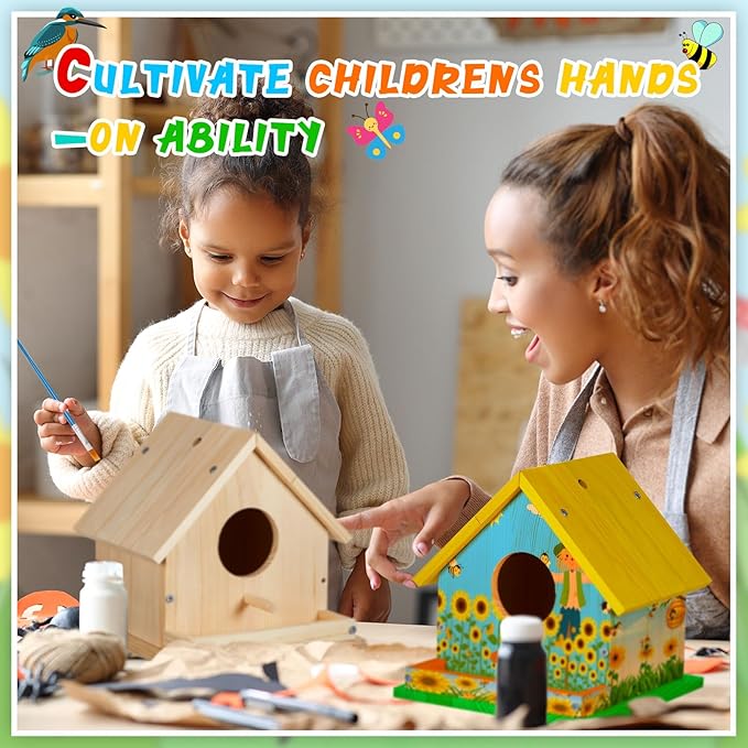 Liliful 4 Sets Wooden DIY Birdhouse Kit Unfinished Bird Houses with Paints and Paintbrushes Bird Feeder Craft Arts for Boy or Girl Classroom Activity and Christmas Kids Wooden Craft Gifts