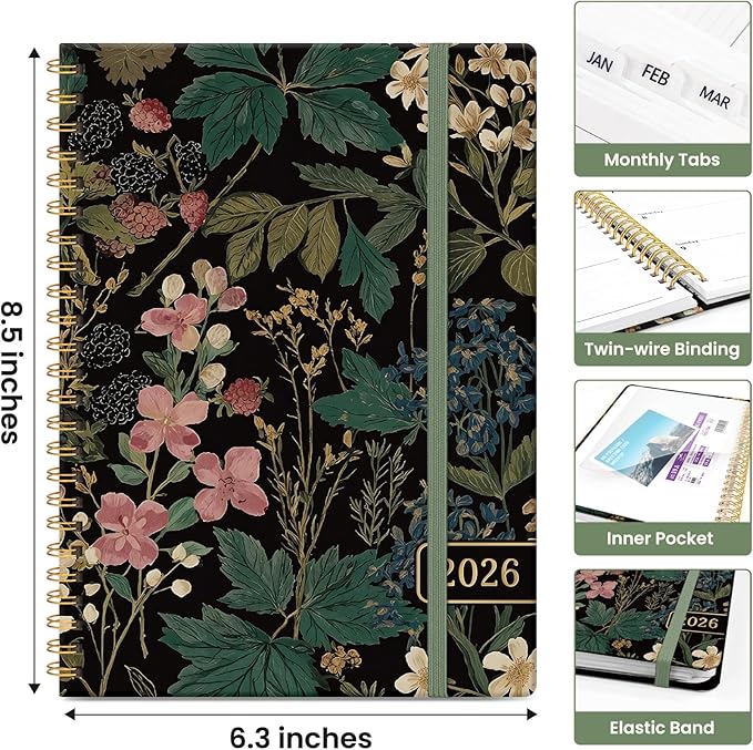 2026 Planner, Monthly and Weekly Calendar Planner for Women, Jan 2026 - Dec 2026, Hardcover Pretty 2026 Agenda Planner Book with Tabs, Spiral Bound, Perfect for School Office Home Supplies, 6.3" x 8.5" - Forest Botanica
