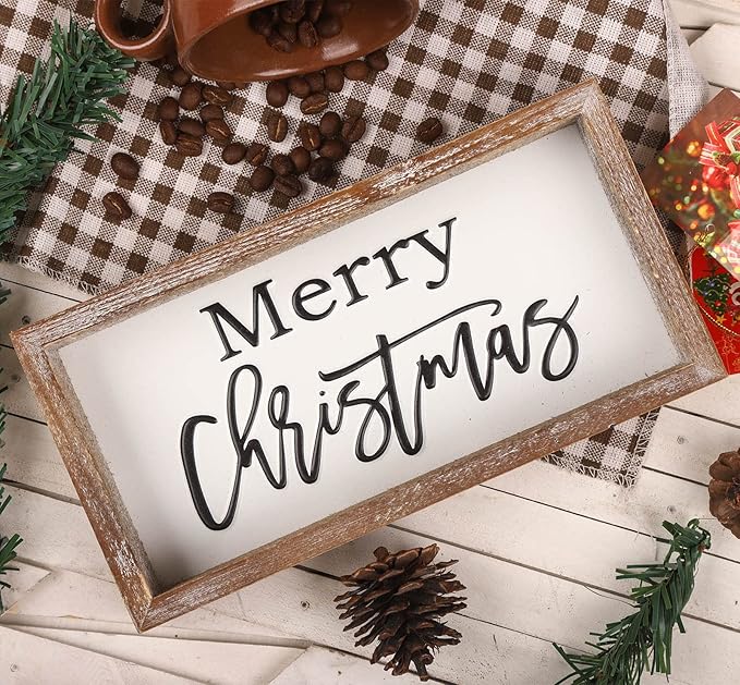 Christmas Tiered Tray Decor, Merry Christmas Block Sign Embossed Metal With Wood Frame, Rustic Farmhouse Winter Decoration for Shelf, Mantel, Home Decor
