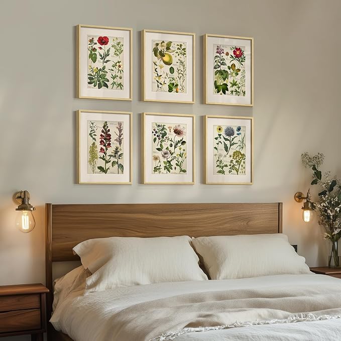 Framed Floral Botanical Wall Art, Set of 6 Green Painting Canvas Prints with Mat for Modern Farmhouse Kitchen Wall Decor, Rustic Plant Flower Pictures for Living Room Bedroom Dining Room Hallway, 11x14
