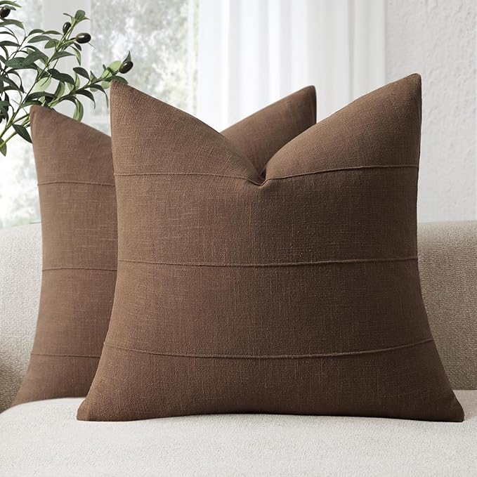 ZWJD Decorative Linen Throw Pillow Covers 20x20 Set of 2 Solid Handcrafted Striped Cushion Covers for Bed Soft Modern Farmhouse Neutral Pillowcase for Couch Bedroom Living Room Home Decor(Brown)