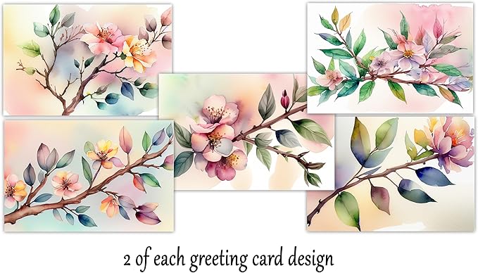 Vintage Watercolor Flowers Greeting Cards - Set of 10 All Occasion 5 x 7 Note Cards with Envelopes. Blank Inside. Botanical Floral Designs of Flowers, Leaves and Branches Inspired by Nature.