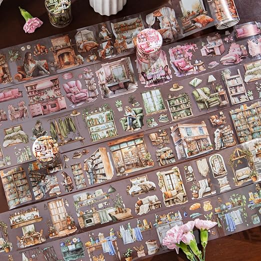 6Pcs Living Theme PET Tapes, Home Tapes for Journaling, Scrapbook Supplies, and Junk Journal Ephemera, with Decorative Clip