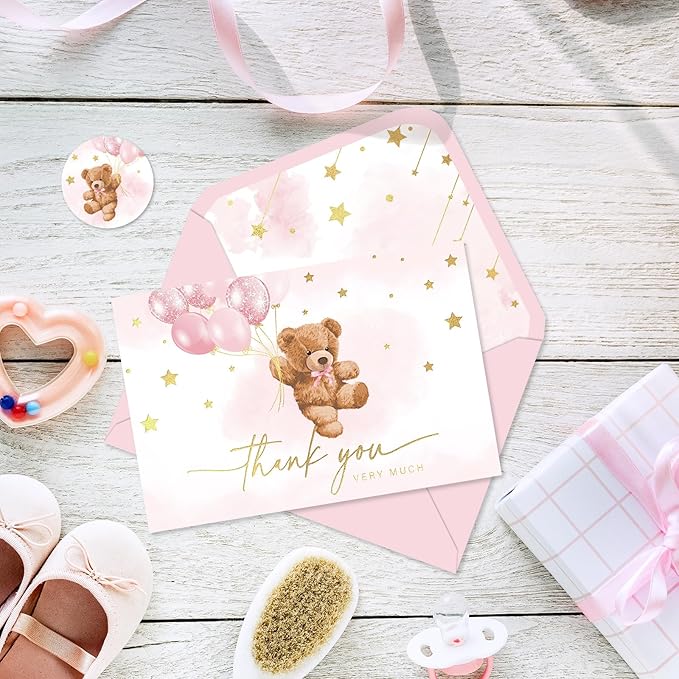 24 Pack Bear Gold Foil Thank You Card Pink Star Balloon Bear Greeting Cards with Envelopes Stickers Blank Note Cards for Birthday Baby Shower, 4 x 6 Inch