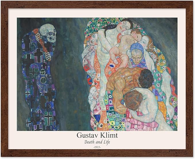 Poster Master Vintage Gustav Klimt Poster - Retro Death and Life Print - Art Nouveau - Symbolism Art - Abstract Art - Aesthetic Art - Classic Painting - Living Room Decor - 16x20 Brown Framed