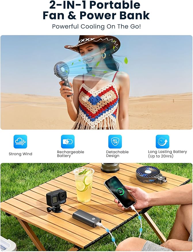 HandFan 5200mAh Portable Handheld Fan Rechargeable with Power Bank-3 Speeds Foldable Personal Cooling, 2-IN-1 Hand Held Fan Battery Operated, 20H Runtime for Travel/Summer/Concerts/Women (Black&Blue)