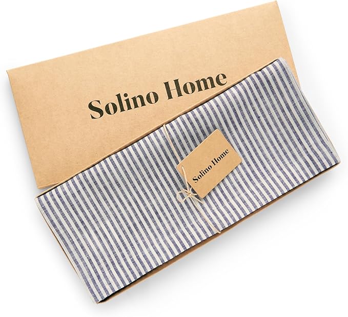 Solino Home Linen Table Runner 120 Inches Long - Narrow Stripe, 100% Pure Linen Navy and White Farmhouse Table Runner 14 x 120 Inch for Dining, Spring, Easter