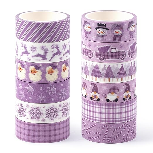 Purple Christmas Washi Tape - 12 Rolls Elegant Santa Reindeer Snowflake Watercolor Aesthetic Adhesive Decorative for Journal Gift Wrapping, Scrapbook, Photo Albums, Easy Tear DIY Art Crafts