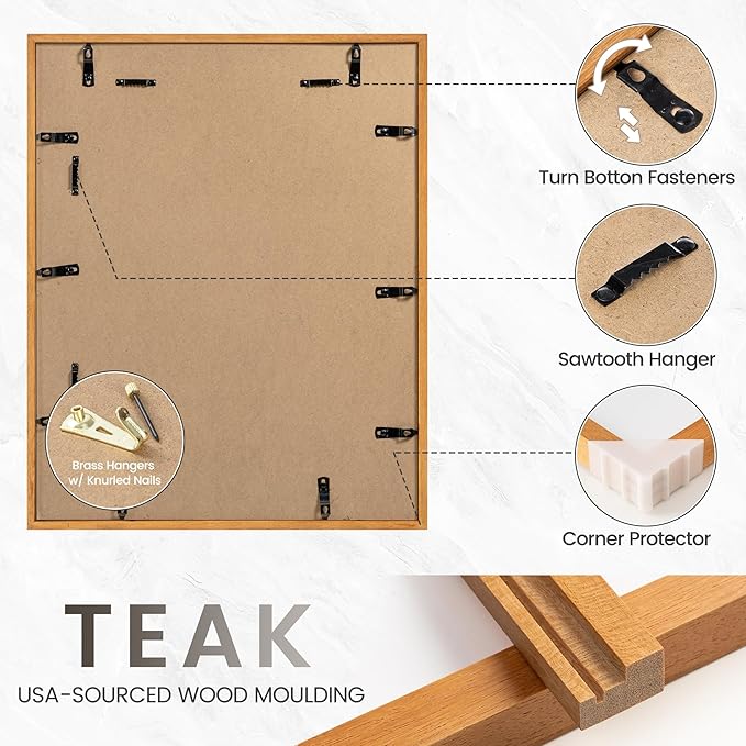 18x24 Poster Frame, USA-Sourced Natural Teak Wood Picture Collage Frame with HD Tempered Glass, Modern Simple 18 x 24 Wooden Photo Frame Matted to 16x20, Vertical & Horizontal Wall Hanging Display