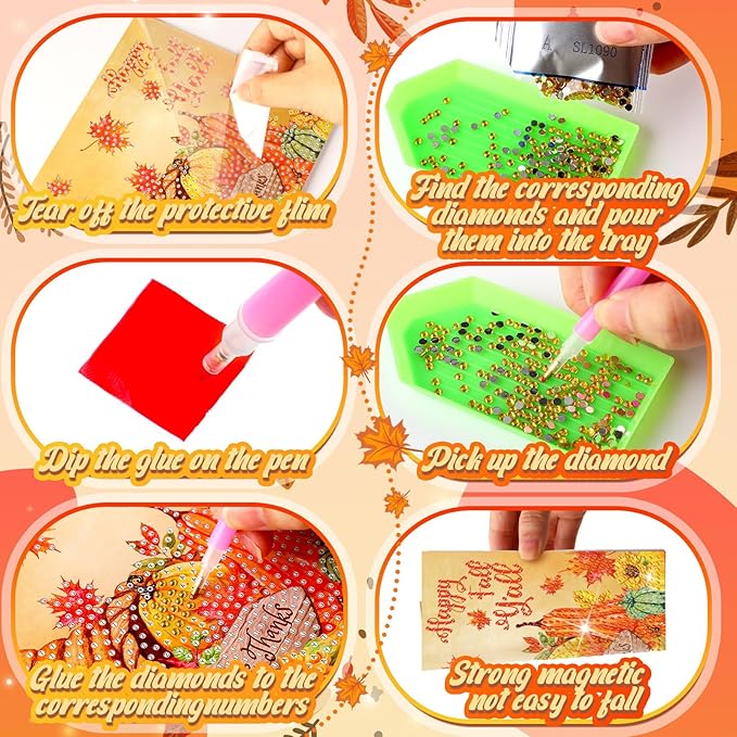 Saillong 12 Pack Thanksgiving Diamond Painting Greeting Card Kits DIY Fall Diamond Art Cards with Envelopes Pumpkin Turkey 5D Rhinestones Paint Card for Adults DIY Crafts Family Friend Birthday Gifts