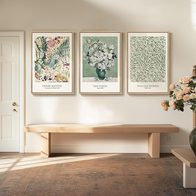 Framed Large Matisse Wall Art for Living Room, Set of 3 Vintage Sage Green Botanical Canvas Prints, Floral Plant Artwork for Bedroom, Hallway, or Home Office Decor, 24x36 Inch
