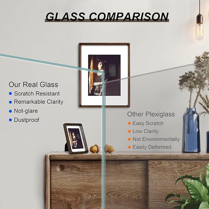 6x8 Picture Frame Natural Walnut Wood with Mat for 5x7, Original Natural Solid Wood 6 by 8 Photo Frames with Tempered Glass Cover for Wall and Tabletop Display