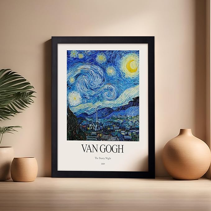 Monem Art Vintage Van Gogh Poster - Retro Impressionist Print - The Starry Night, Moon, Stars, Abstract - Gift for Artist, Friend - Wall Decor for Home, Office, 16x20 Black Framed