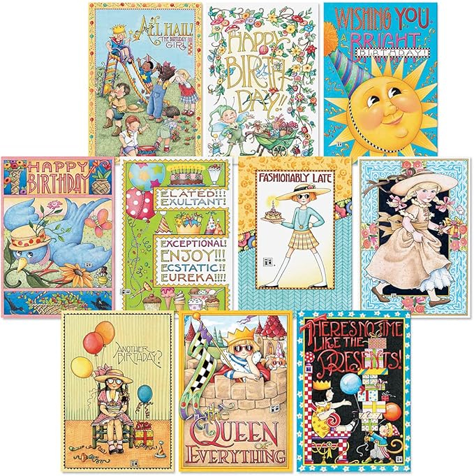 Current Mary Englebreit Happy Birthday Greeting Card Set - Value Pack of 20 Cards With White Envelopes, 10 Designs, Large 5" x 7" Assortment
