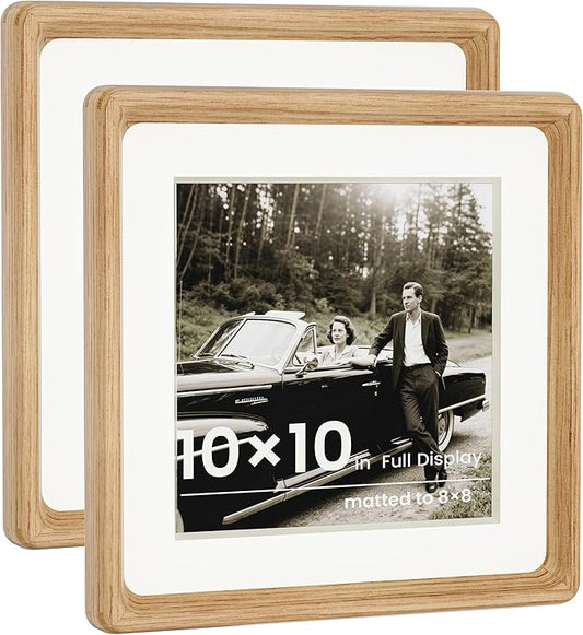 HELPLEX 10x10 Picture Frame Set of 2 - Matte White Oak Wood with HD Tempered Glass, Adjustable for 6x6/8x8 Matted or 10x10 Open, Gallery-Quality Vertical/Horizontal Wall or Tabletop Display