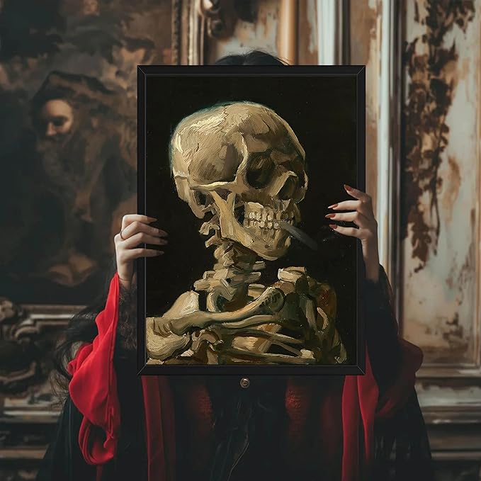Framed Vincent Van Gogh Skull with Cigarette Canvas Wall Art - Skeleton Paintings Wall Decor, Post-Impressionism Gothic Picture Aesthetic for Halloween Decor Bedroom Living Room Artwork 16x24 inch
