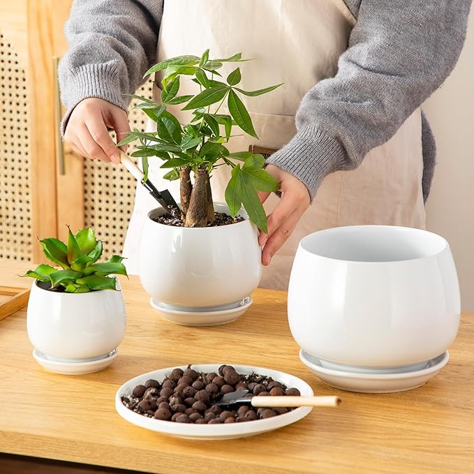 vancasso 3-Pack Ceramic Plant Pots, 3.7/4.8/6.2 Inch Indoor Planters with Saucers & Drainage Hole Planter pots for Indoor Plants and Flower, White