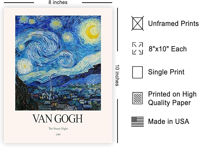 Monem Art Vintage Van Gogh Poster - Retro The Starry Night Print - Impressionism Art - Celestial Art - Gift for Him & Her - Classic Decor for Bedroom, Living Room or Dorm - 8x10 UNFRAMED Wall Art